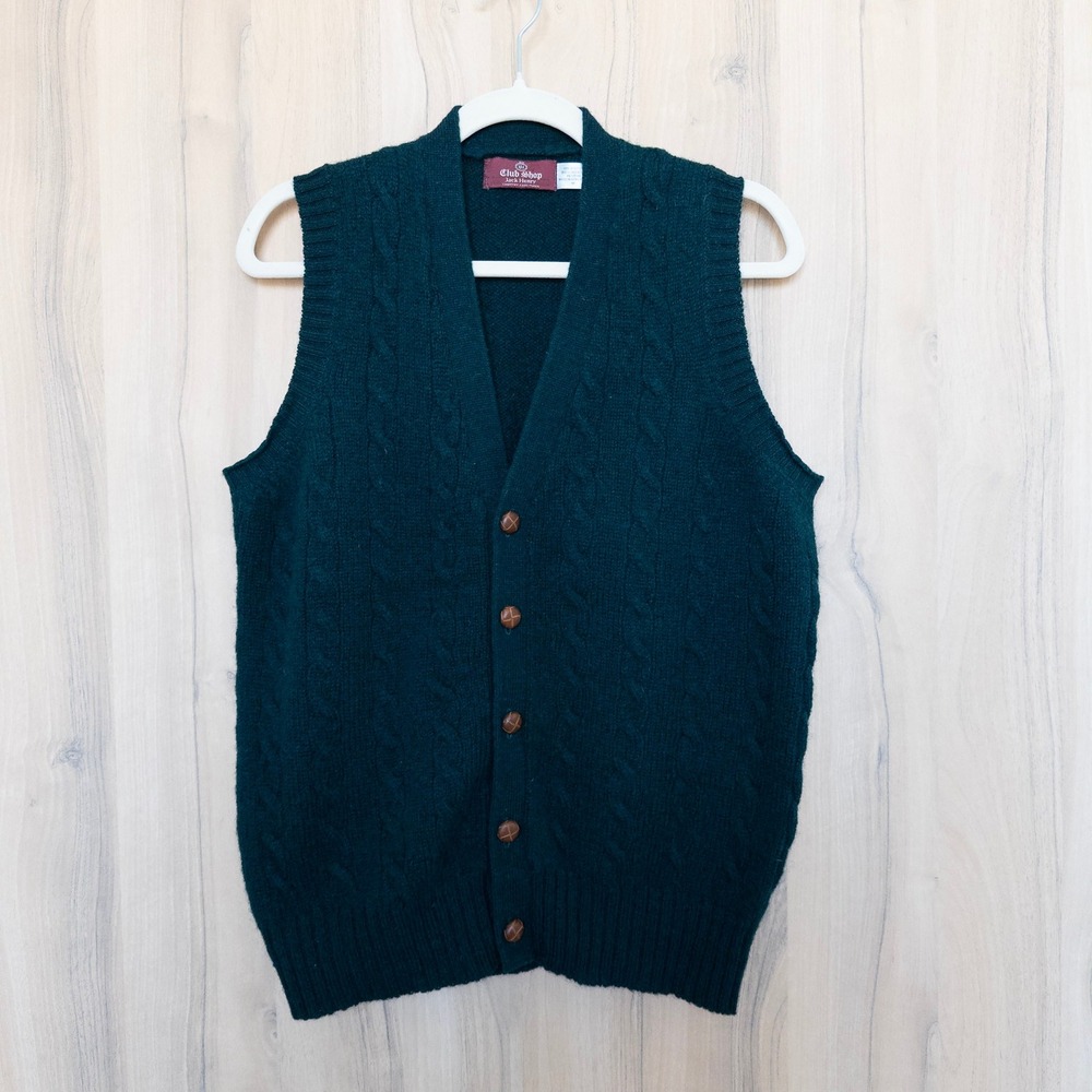 VTG Club Shop Mens‎ Cable Knit Sweater Vest Size M Dark Green Preppy Old Money